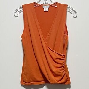 Kate Hill Vibrant versatile Orange Sleeveless ruched faux-wrap V-neck blouse